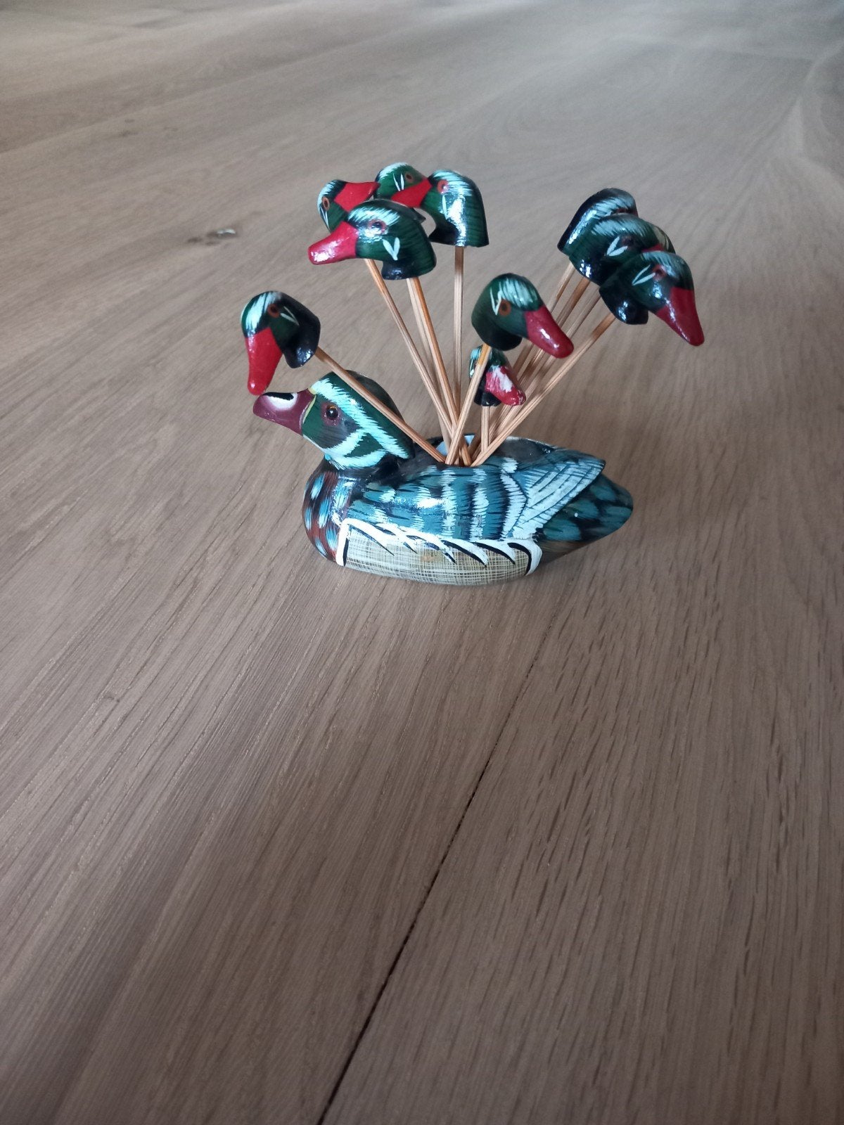 Vintage cocktailprikkers inclusief houder eend, Huis en Inrichting, Overige typen, Hout, Ophalen of Verzenden, Zo goed als nieuw