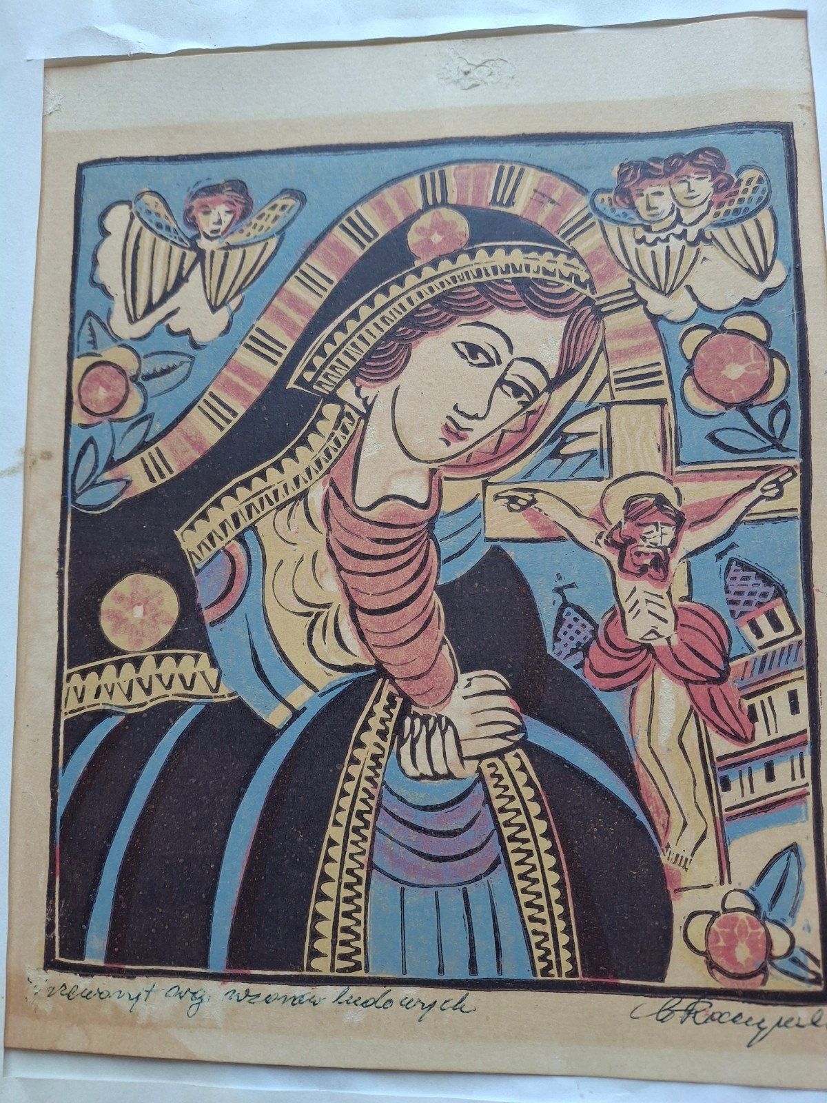 Religieuze Lithografie: Maria met Kind en Engelen, 20x18cm, Gesigneerd, Ophalen of Verzenden, Overige onderwerpen, Lithografie