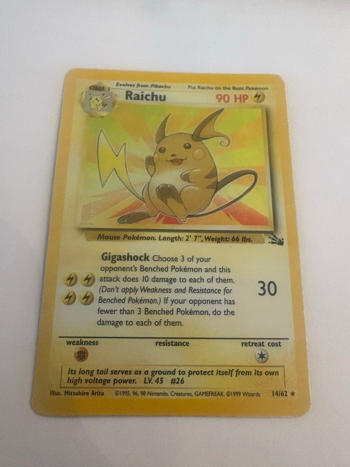 Pokémon Raichu 14/62 Fossil Set Holo Rare Kaart, Ophalen of Verzenden, Gebruikt, Losse kaart, Foil