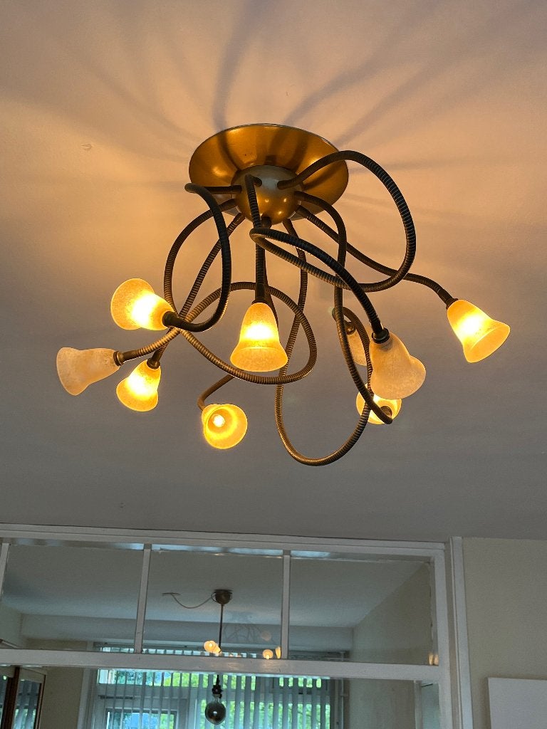 Plafond lamp model vuurwerk met murano kelkjes, Huis en Inrichting, Ophalen, Inclusief lichtbron, Art deco, Goud