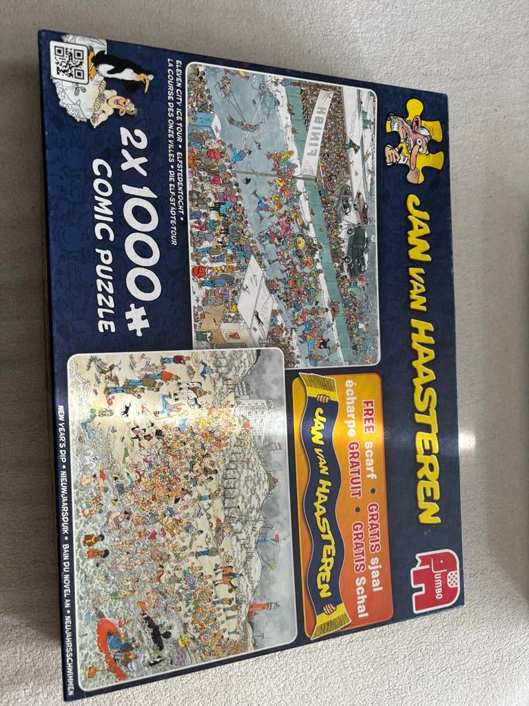 Jan van Haasteren 2x 1000 stukjes: Elfstedentocht & Nieuwjaa, Hobby en Vrije tijd, Ophalen, 500 t/m 1500 stukjes, Gebruikt, Legpuzzel