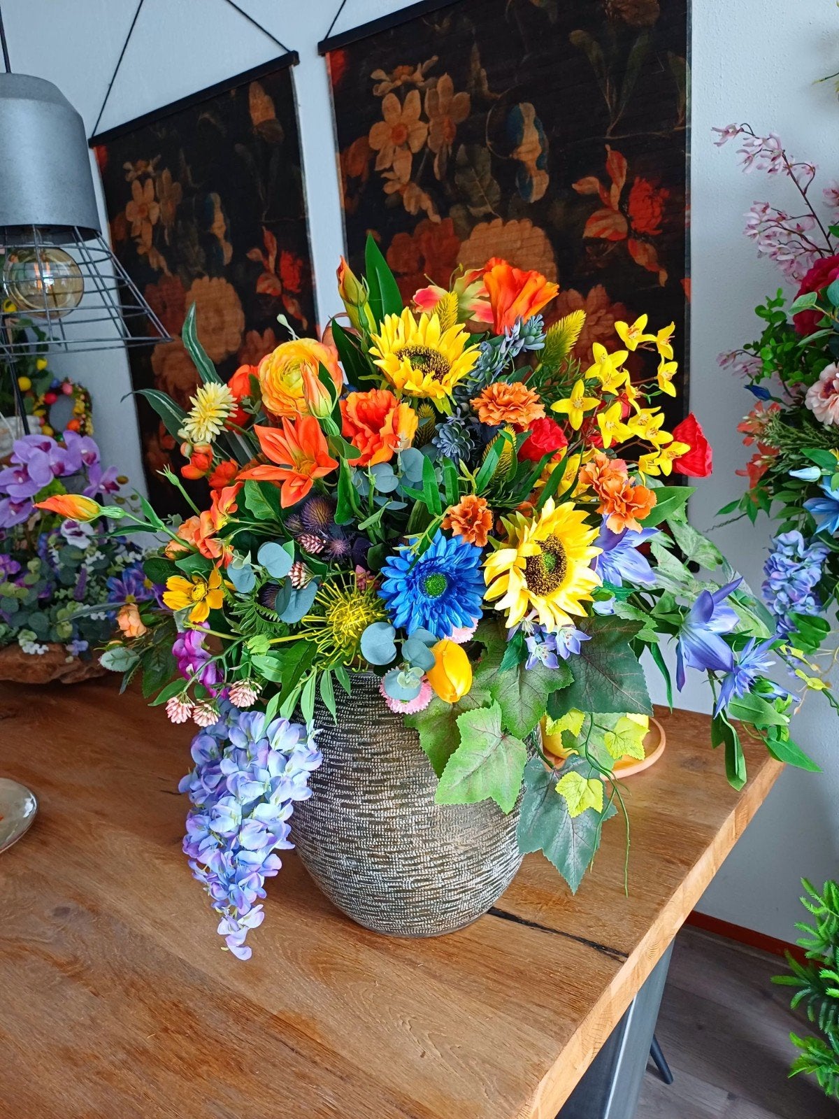 Groot kleurrijk boeket kunstbloemen met vaas, Ophalen of Verzenden, Nieuw