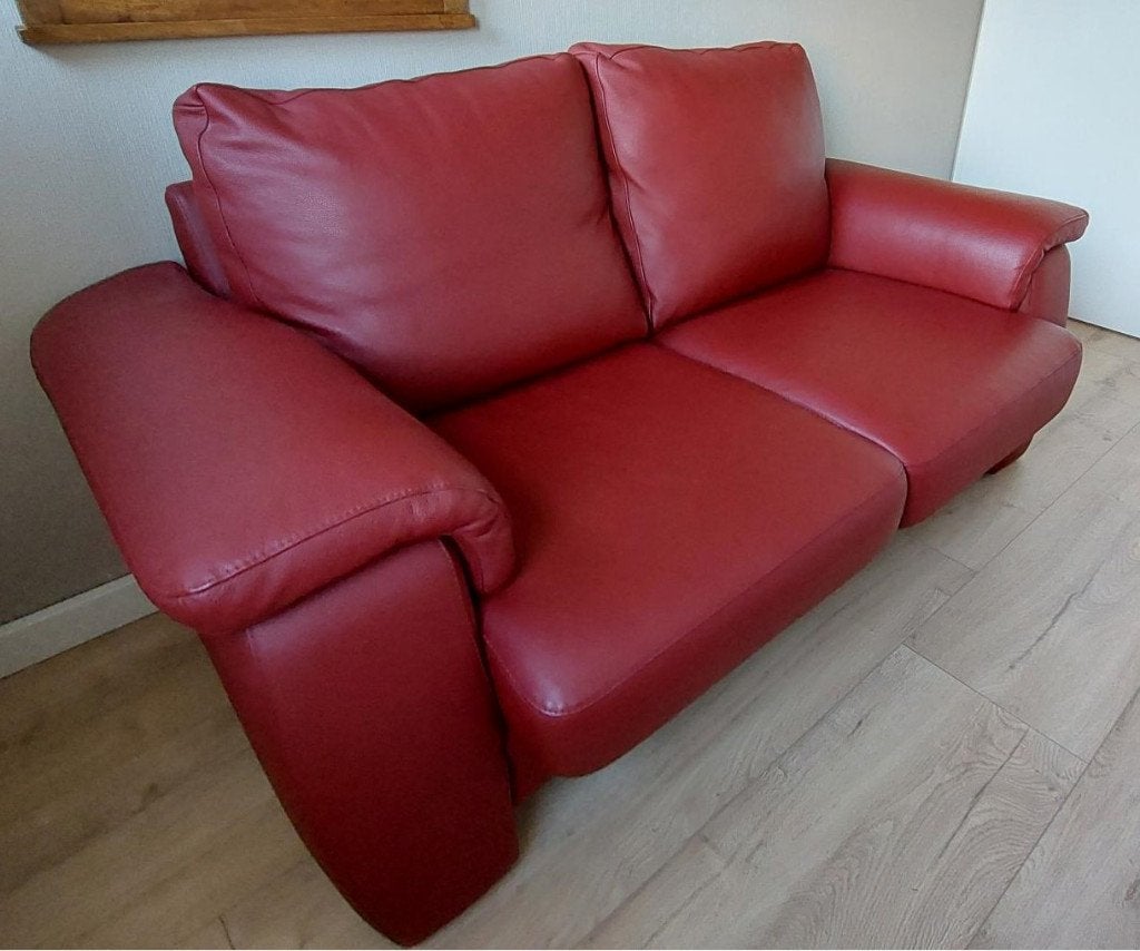 tweezits rode leren bank, Ophalen, 150 tot 200 cm, Hoekbank, Tweepersoons