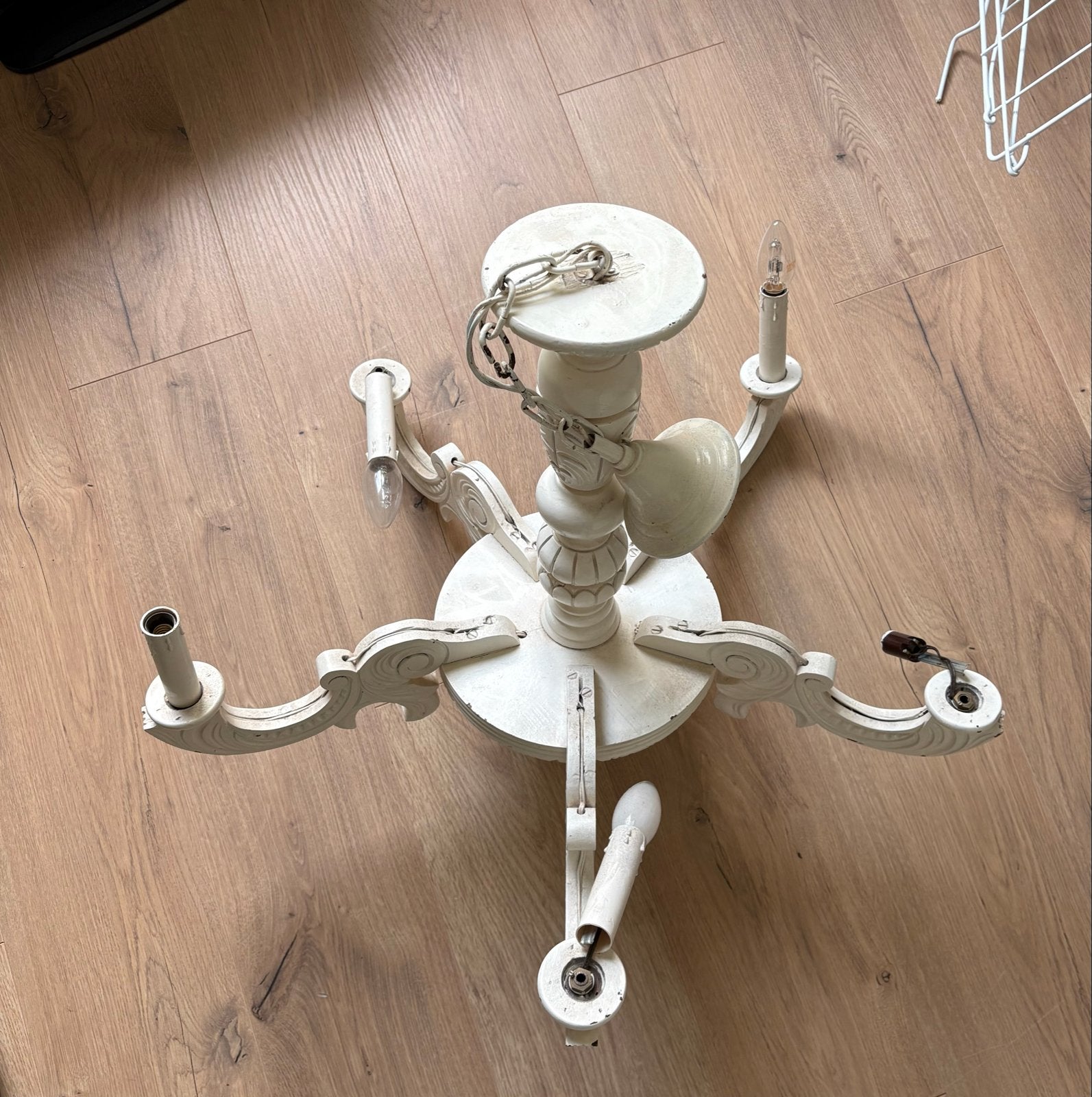 Houten kroonluchter met 5 lampen - project voor klusser, Huis en Inrichting, Lampen | Kroonluchters, Ophalen, Gebruikt, Hout
