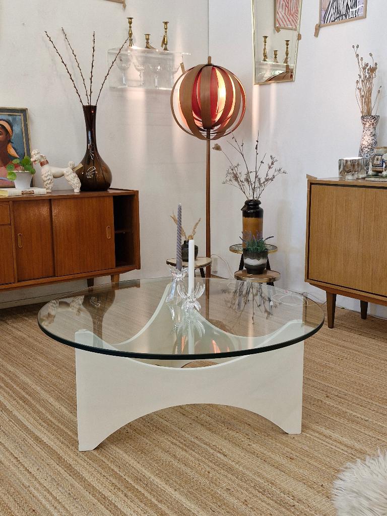 Vintage salontafel space age 70s wit / glas rond, Huis en Inrichting, Tafels | Salontafels, Ophalen, Gebruikt, 50 tot 100 cm, .