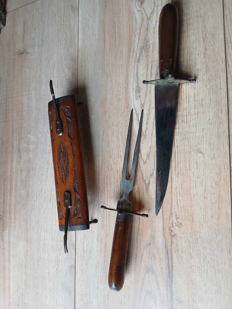 Vintage trancheerset in houten schede, Ophalen of Verzenden