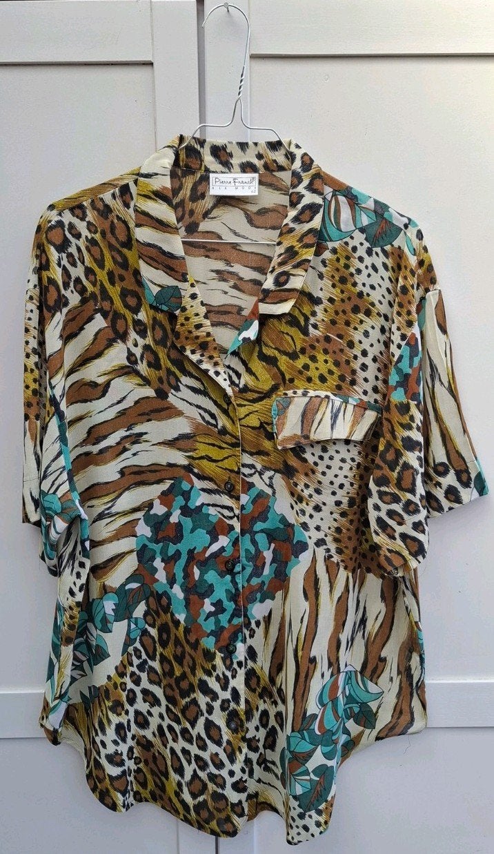 Vintage blouse, maat 42/XL - jungle - panter - 90's, Bruin, ,, Ophalen of Verzenden, Vintage
