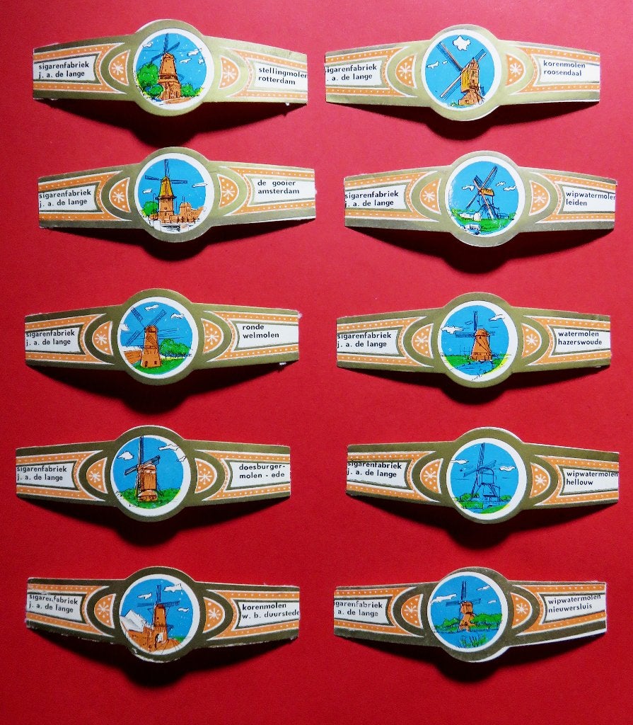 Sigarenfabriek J.A. de Lange complete serie molens (10st.), Verzenden, Sigarenbandjes