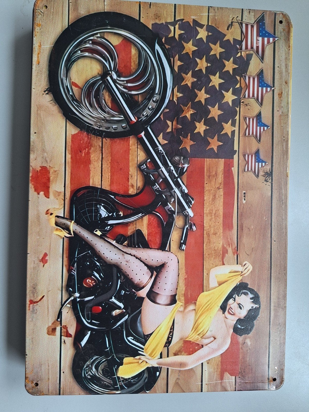 Vintage Metalen Bord Pin-up Motor Amerika Vlag Decoratie, Ophalen of Verzenden, Nieuw, Reclamebord