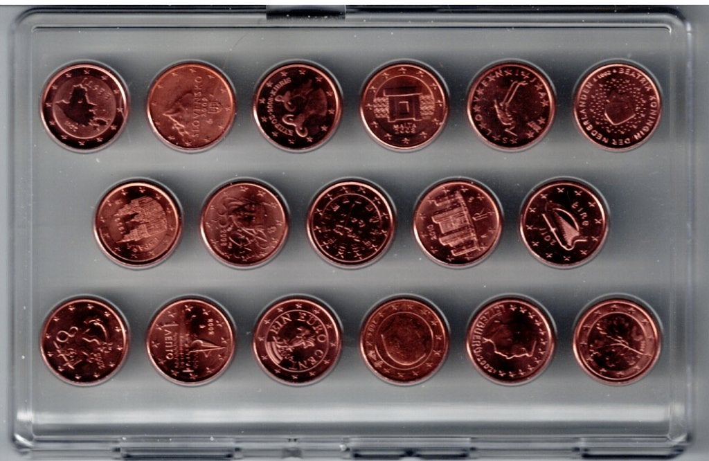 Complete set 1 Eurocent munten – 17 landen in cassette (UNC), Verzenden, Koningin Beatrix, 1 cent, Setje