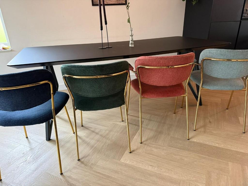 Eetkamerstoelen met gouden onderstel (4 kleur), Huis en Inrichting, Ophalen, Gebruikt, Overige kleuren, Vier