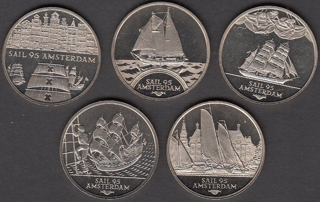 Nederland set penningen (5) Sail Amsterdam 1995 2 ECU UNC, Ophalen of Verzenden, Overige materialen, Nederland