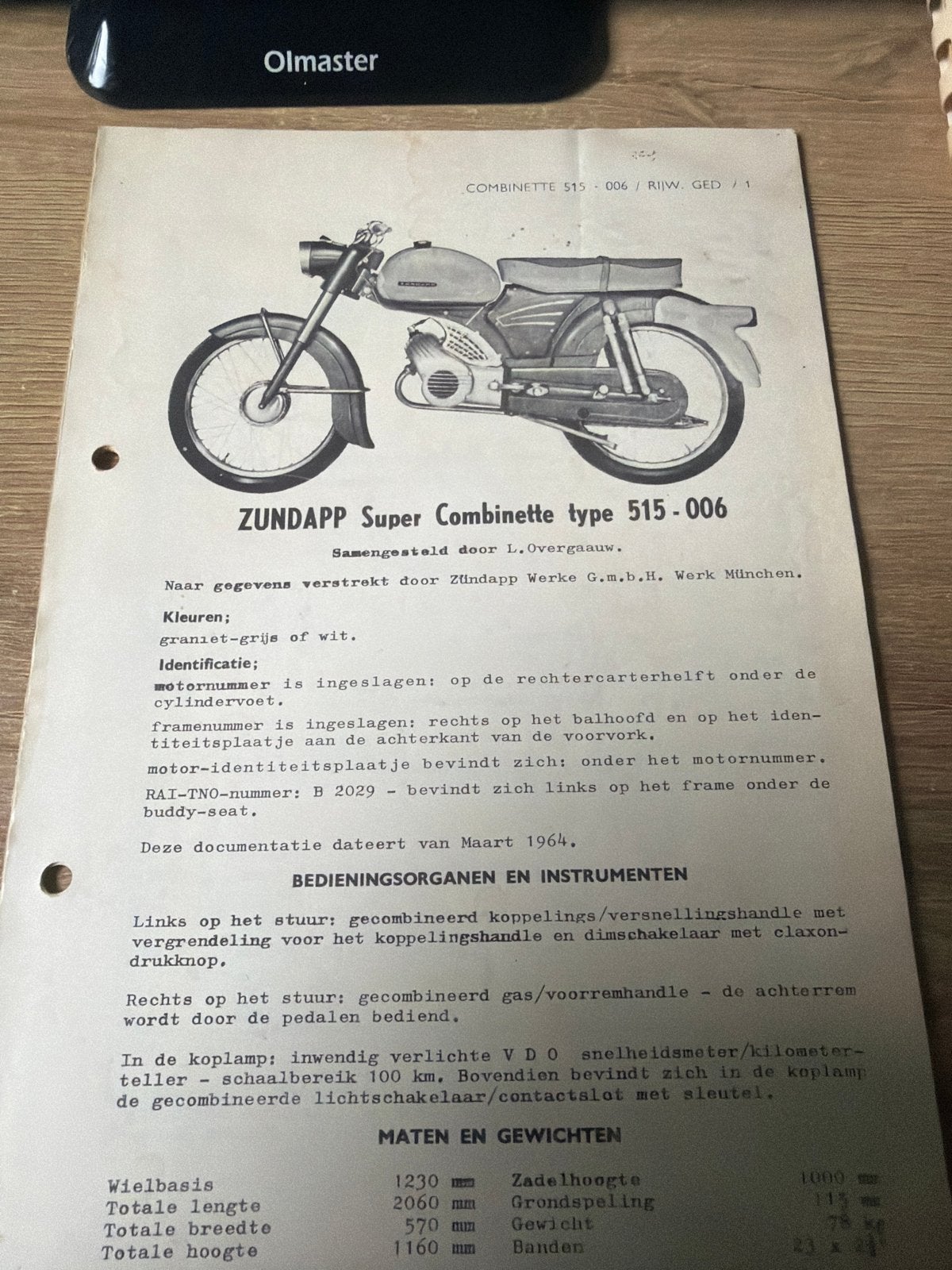 Zündapp Super Combinette type 515-006 documentatie, Ophalen of Verzenden, Gebruikt, Overige typen