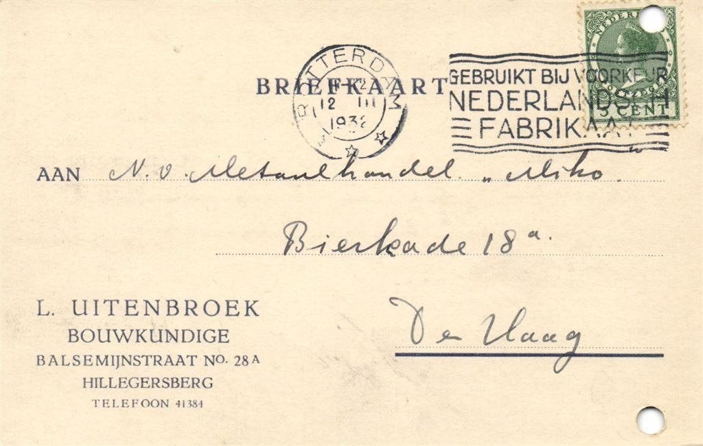 L. Uitenbroek, Hillegersberg - 03.1932 - briefkaart, Ophalen of Verzenden, Briefkaart