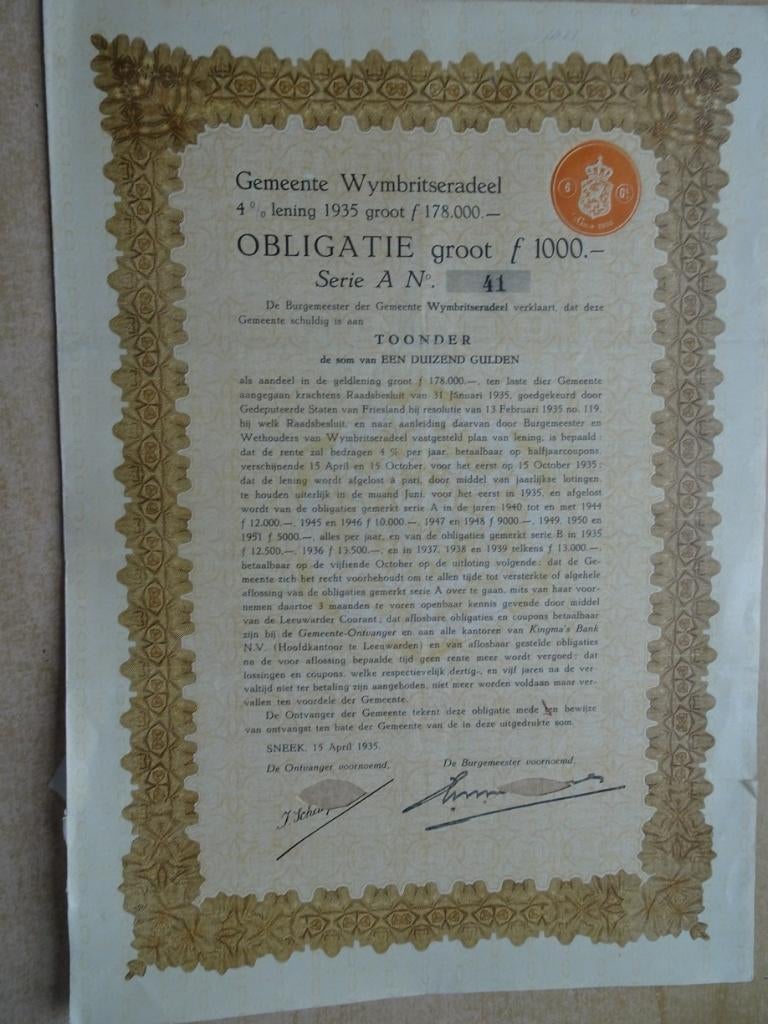 Obligatie Gemeente Wymbritseradeel/Sneek..1935. Zeldzaam, Ophalen of Verzenden, Voor 1920, Aandeel