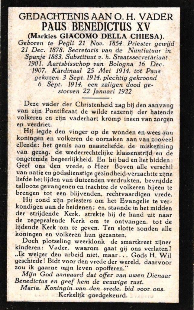 Paus Benedictus XV 1854-1922, Ophalen of Verzenden