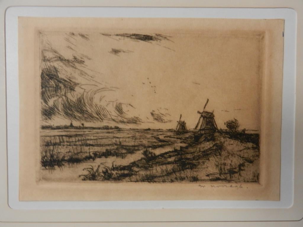 Leuke ets Molens bij vaart Willem Noordijk 8,7 x 13,0  cm, Ophalen of Verzenden