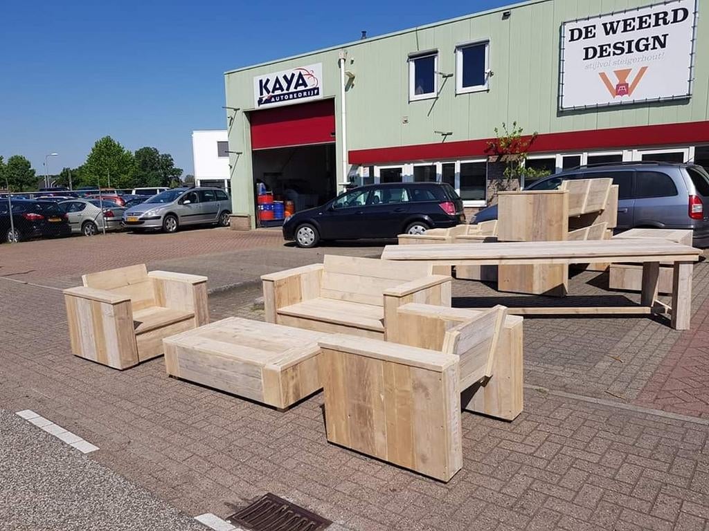 Robuuste steigerhouten loungeset - gebruikt hout, Gebruikt, Steigerhout, Ophalen of Verzenden, Loungeset
