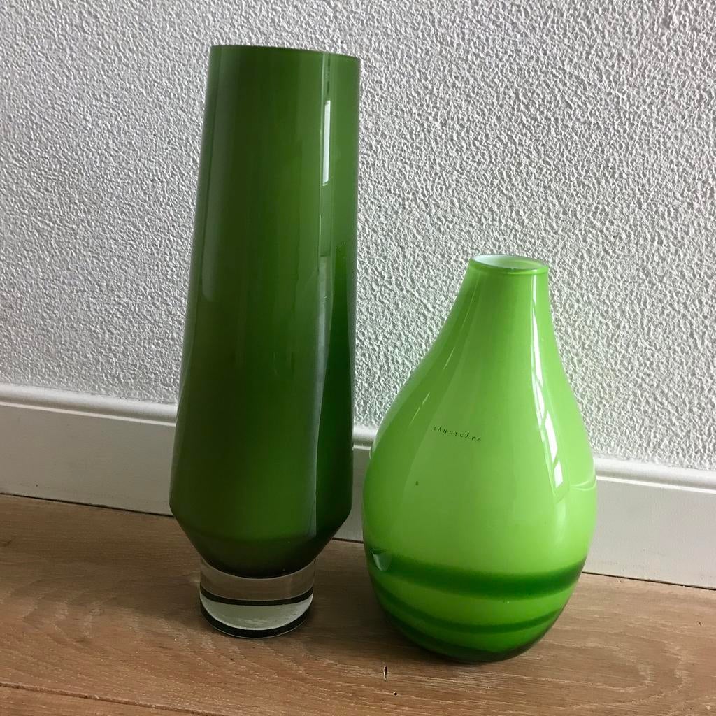 Set 2 vazen vaas glas groen vintage retro, Ophalen, Minder dan 50 cm, Groen, Glas
