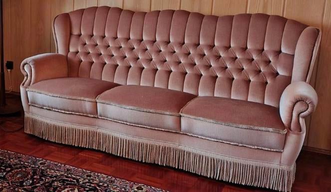 Roze vintage bank fauteuils franjes queen ann velvet barok, Ophalen