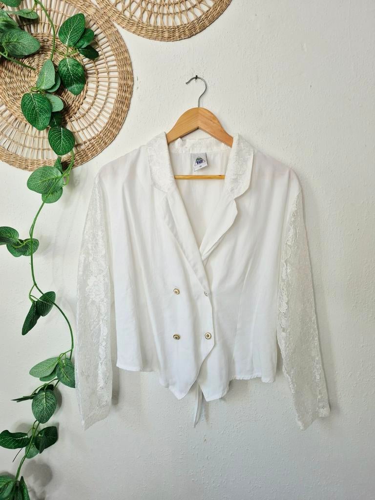 Vintage 80s blouse met kanten mouwen, Kleding | Dames, Maat 38/40 (M), Wit, Ophalen of Verzenden, Zo goed als nieuw