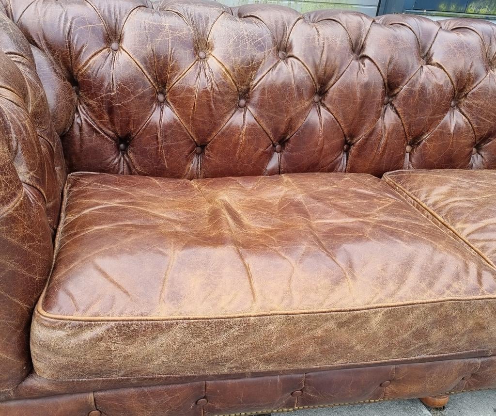 Vintage Chesterfield bank cognac bruin leer + BEZORGING, Gebruikt, ., Chesterfield, Leer