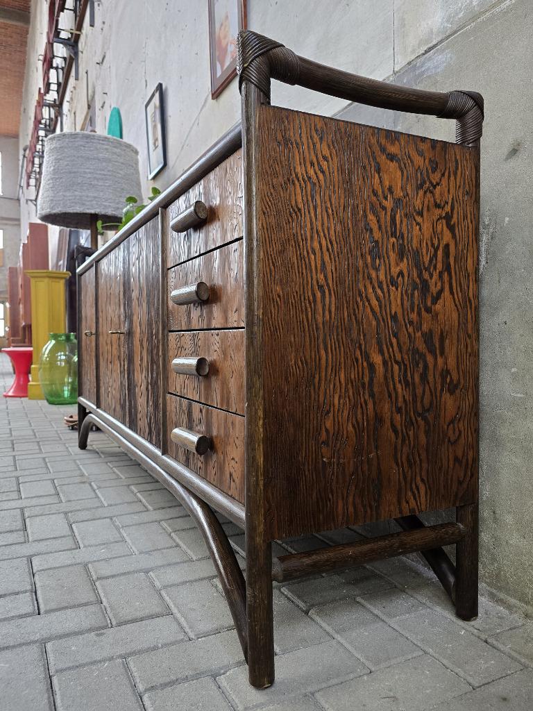 Jaren 70 Bamboe & Hout Lowboard | Retro Groot Dressoir Kast, 150 tot 200 cm, Grenenhout, Vintage Retro Jaren 60 70 BOHO, Ophalen of Verzenden