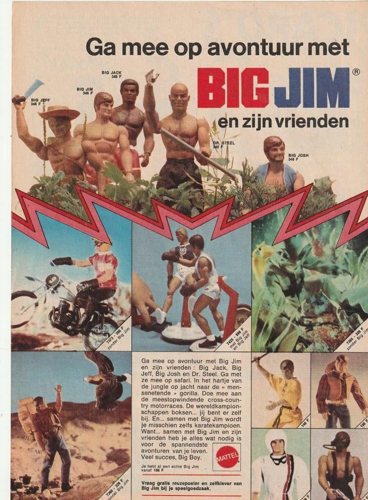 Retro reclame 1975 Mattel Big Jim actiefiguur avontuur, Verzenden, Overige typen