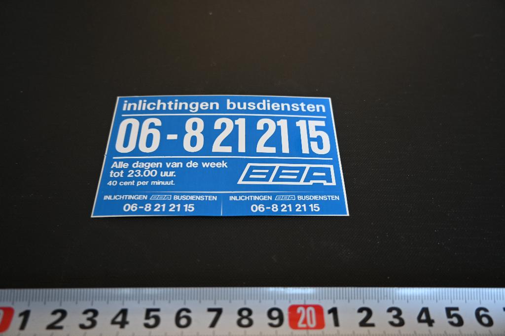 sticker Inlichtingen Busdiensten BBA  06-8212116, Verzamelen, Ophalen, Zo goed als nieuw