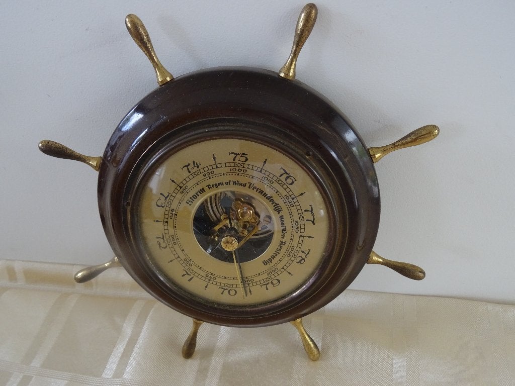 Open barometer stuurwiel schip roer scheepsklok vintage, Ophalen of Verzenden, Gebruikt, Barometer