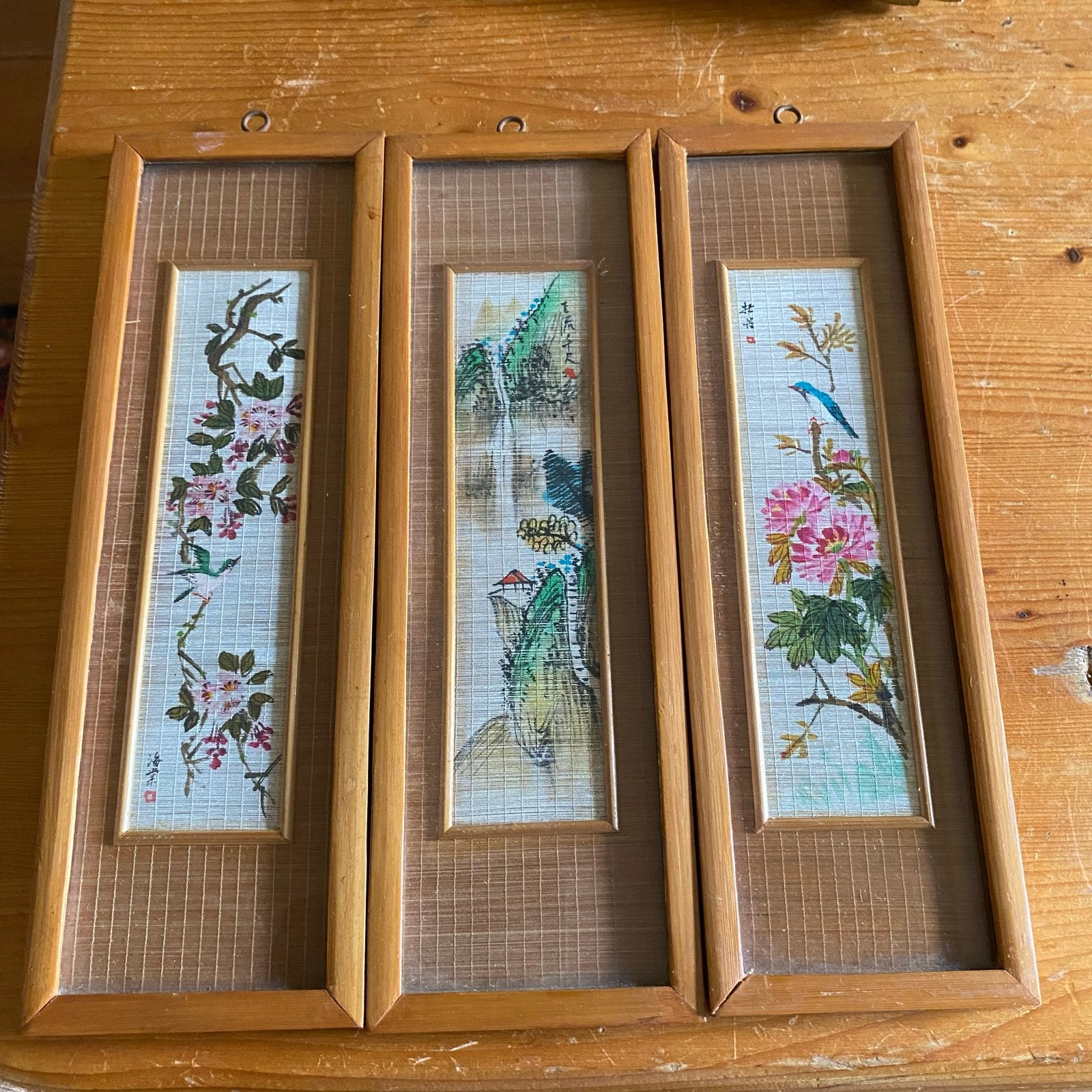 Set van 3 Chinese wanddecoraties - bamboe en schilderingen, Hout, Wanddecoratie, Ophalen of Verzenden, China