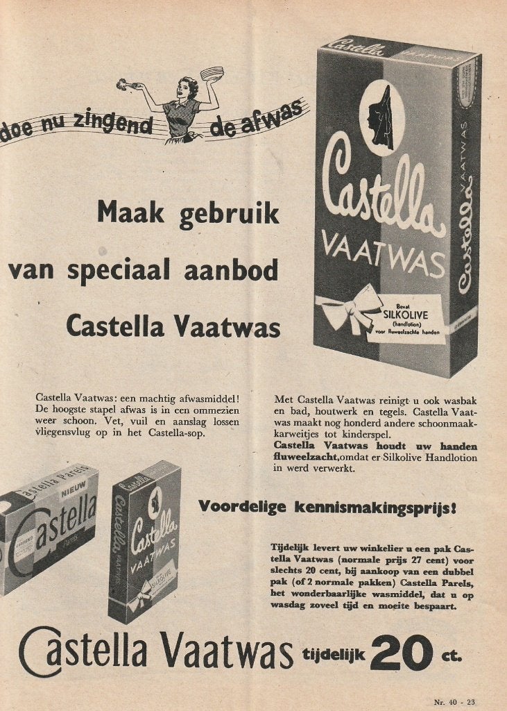 Retro reclame 1958 Castella Nijmegen vaatwas kennismaking, Verzamelen, Verzenden, Overige typen
