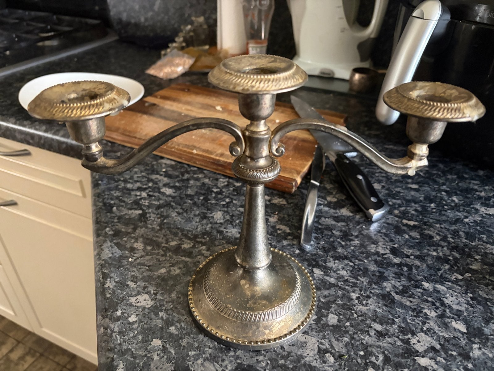 Antieke zilverkleurige kandelaar met drie armen, Antiek en Kunst, Ophalen of Verzenden, Zilver