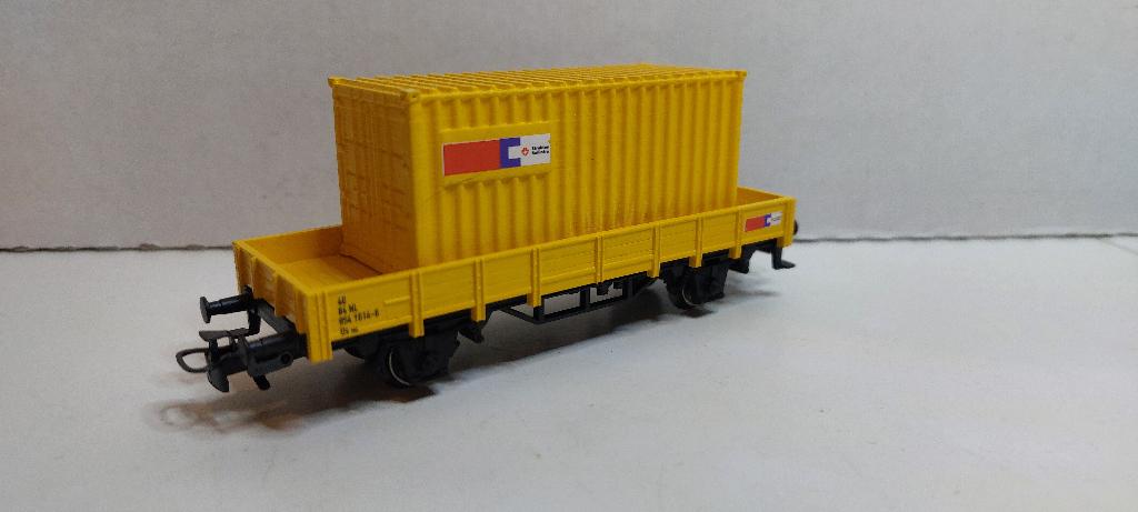 Strukton Lage Bakwagon met 20ft. Container *Nieuwstaat* (05), Hobby en Vrije tijd, Modeltreinen | H0, Wisselstroom, Wagon, Ophalen of Verzenden
