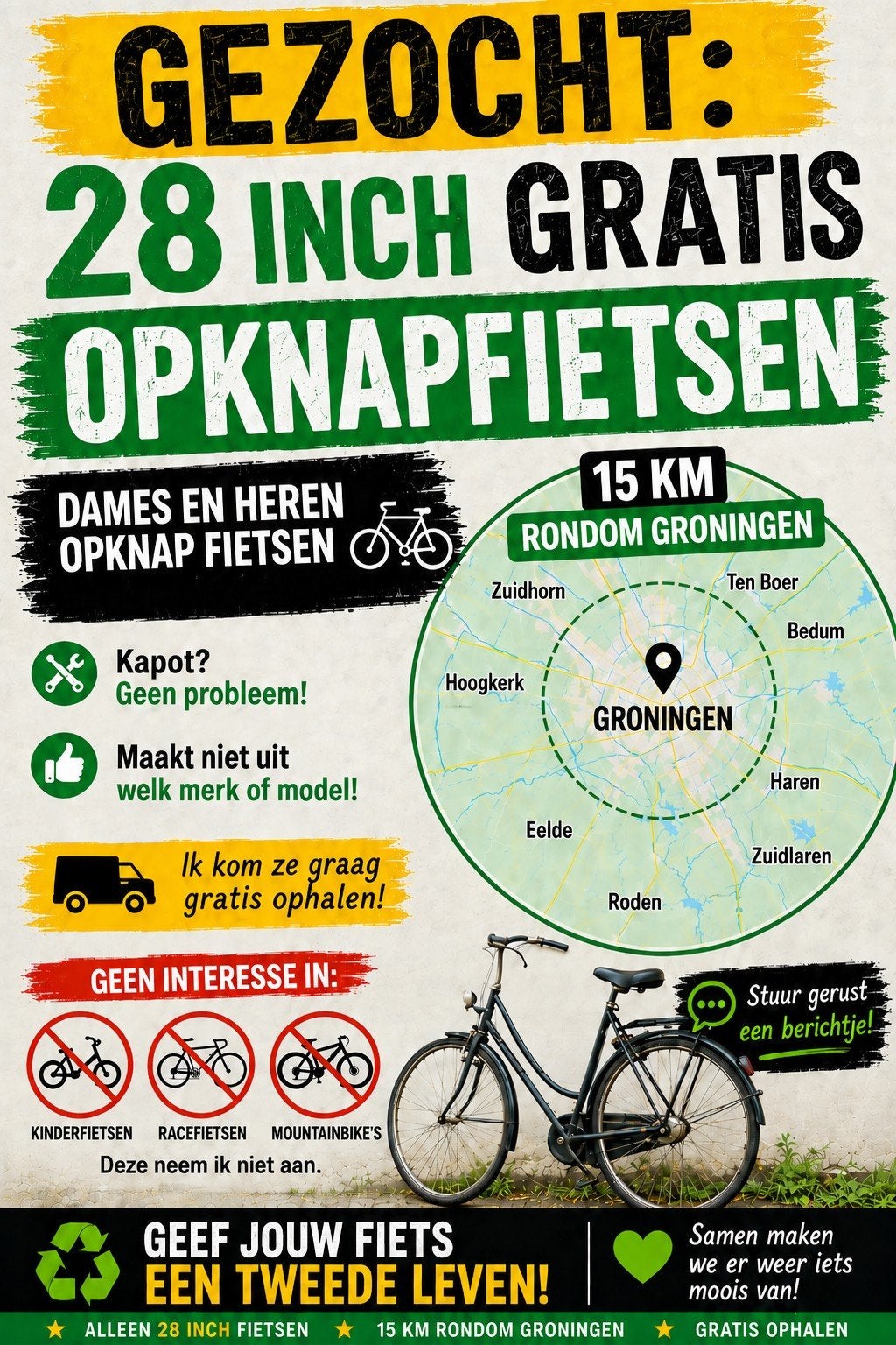 gezocht gratis 28inch opknap fietsen, Ophalen, Gebruikt, Overige merken