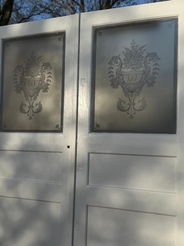 Set antieke openslaande deuren met geëtst glas 209x162cm., Ophalen
