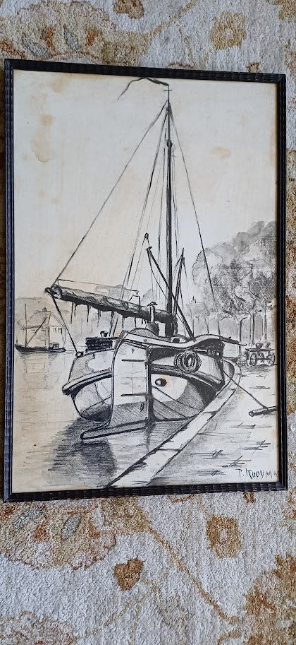 Pim Kooyman, Botter in stadshaven Friesland? jaren '70, Ophalen of Verzenden, Tekening, Houtskooltekening, Gesigneerd