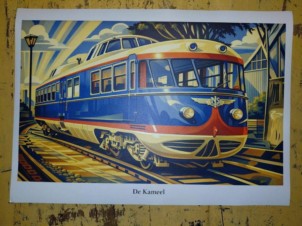 A3 Poster NS Trein 'De Kameel' uit 1954 - Art Deco Stijl, Verzamelen, Spoorwegen en Tramwegen, Ophalen of Verzenden, Nieuw, Trein