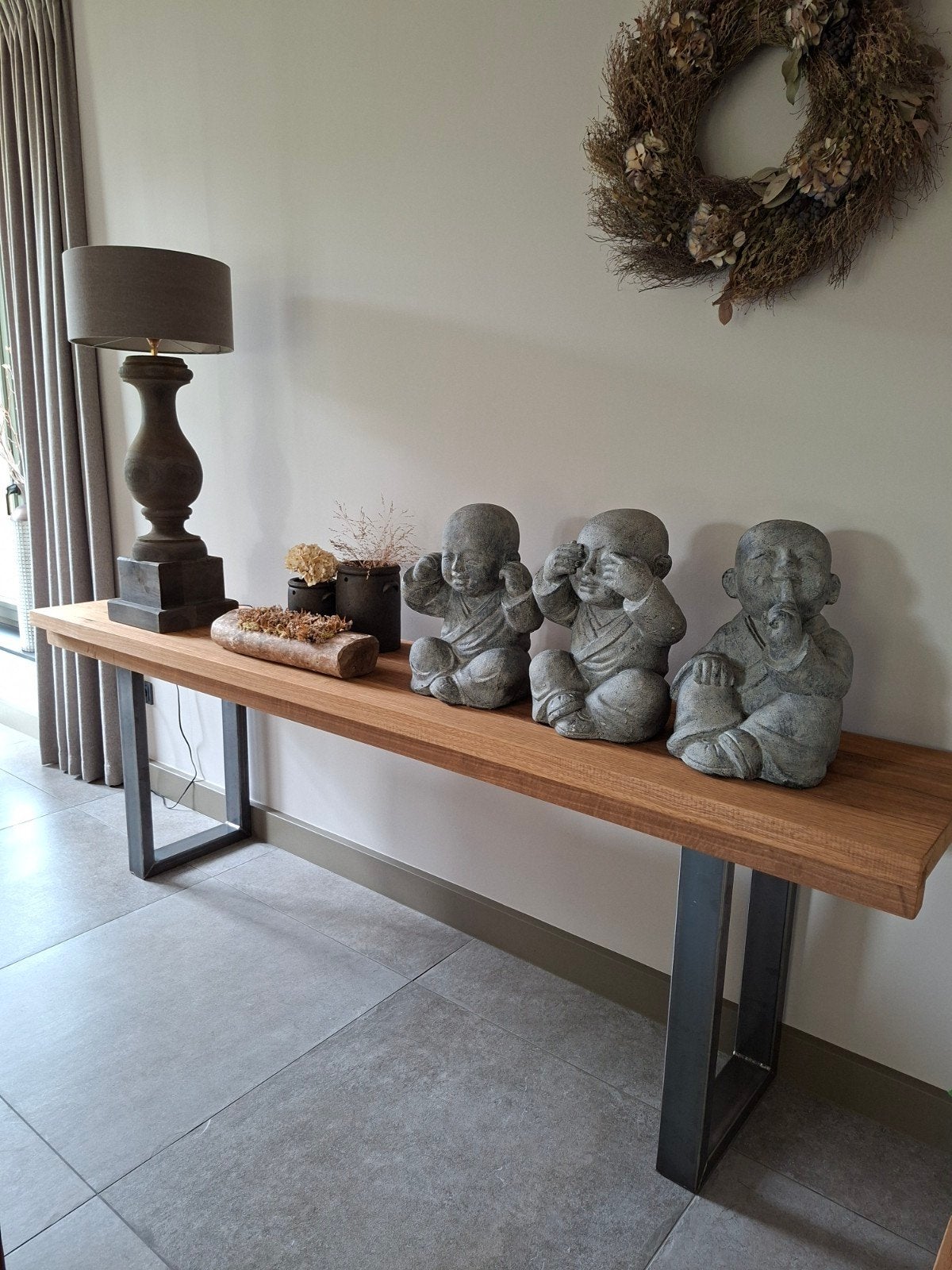 Lange sidetable met stalen poten - 240x47x77 cm, Ophalen, 200 cm of meer, Zo goed als nieuw, 25 tot 50 cm
