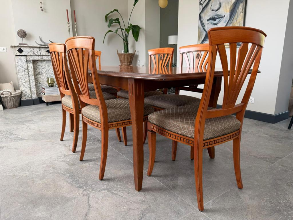Massief houten eethoek | uitschuifbare tafel met 6 stoelen, Huis en Inrichting, Ophalen, 50 tot 100 cm, Zo goed als nieuw, Kersenhout