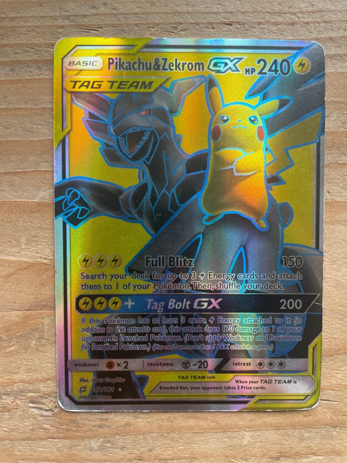 Pikachu & Zekrom GX Tag Team Full Art Foil Pokémon Kaart, Hobby en Vrije tijd, Ophalen of Verzenden, Gebruikt, Losse kaart, Foil