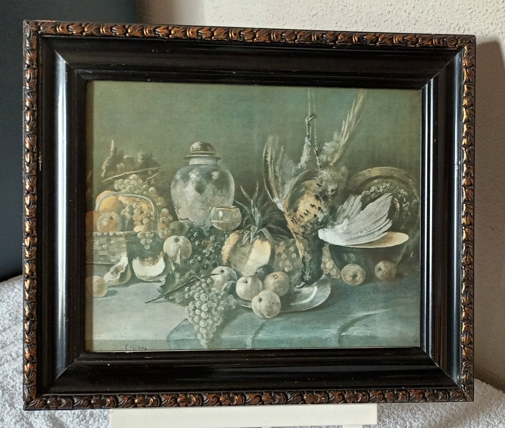 Stilleven met wild, fruit en vaas - Gesigneerd E. Mölling, Antiek en Kunst, Ophalen, Doek, Stilleven, Ingelijst