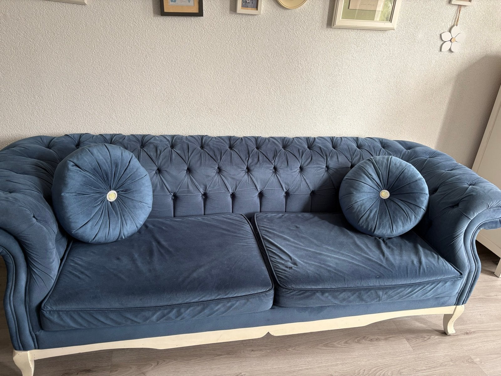 Set van 3 fluwelen banken (2x 3-zits, 1x 1-zits) met kussens, Huis en Inrichting, Ophalen, Gebruikt, Vintage : franse stijl, Rechte bank