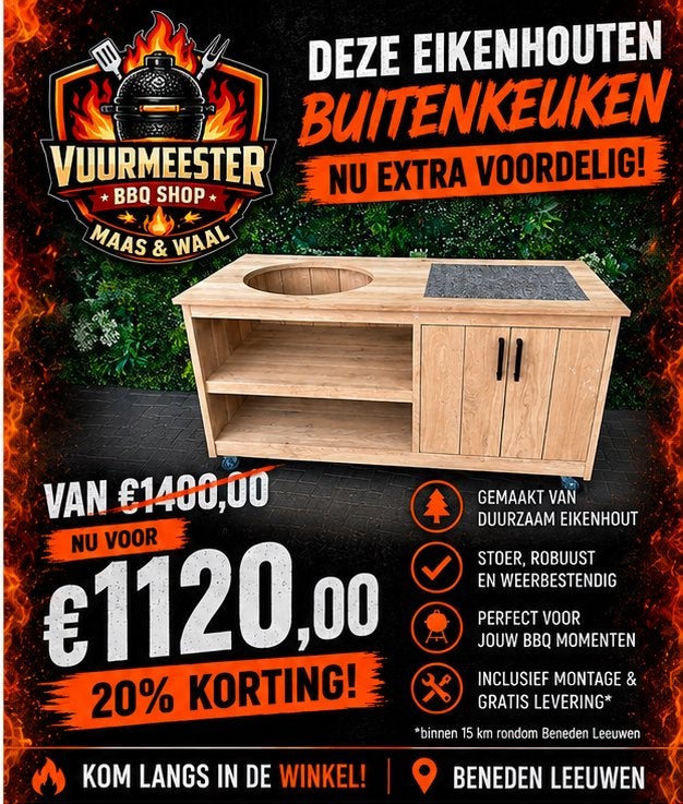 Eikenhouten buitenkeuken – Kamado tafel met kast – NU €1120, Ophalen, Nieuw