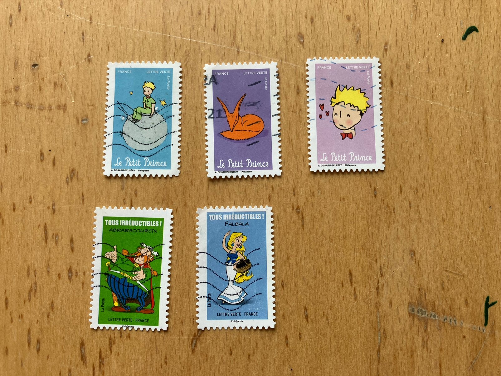 Frankrijk, 5 zegels stripfiguren en Petit Prince, gebruikt, Ophalen of Verzenden
