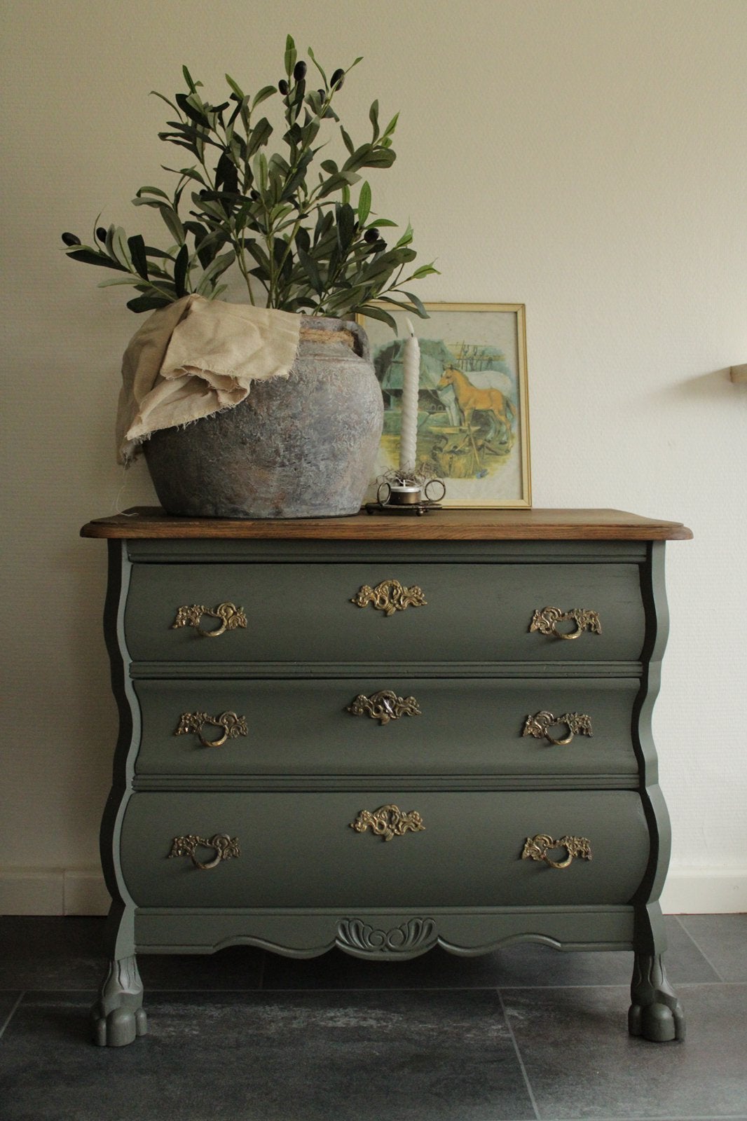 Prachtig vintage buikkastje ‘Everett’ groen / grijs, Huis en Inrichting, Kasten | Ladekasten, Ophalen, 50 tot 100 cm, Zo goed als nieuw