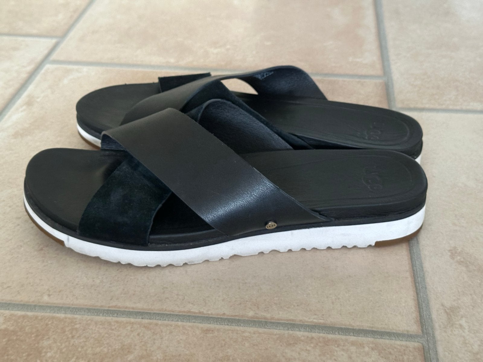 UGG Zwarte leer Sandalen met Gekruiste Banden maat 39, Zwart, Zo goed als nieuw, Sandalen of Muiltjes, Ophalen of Verzenden