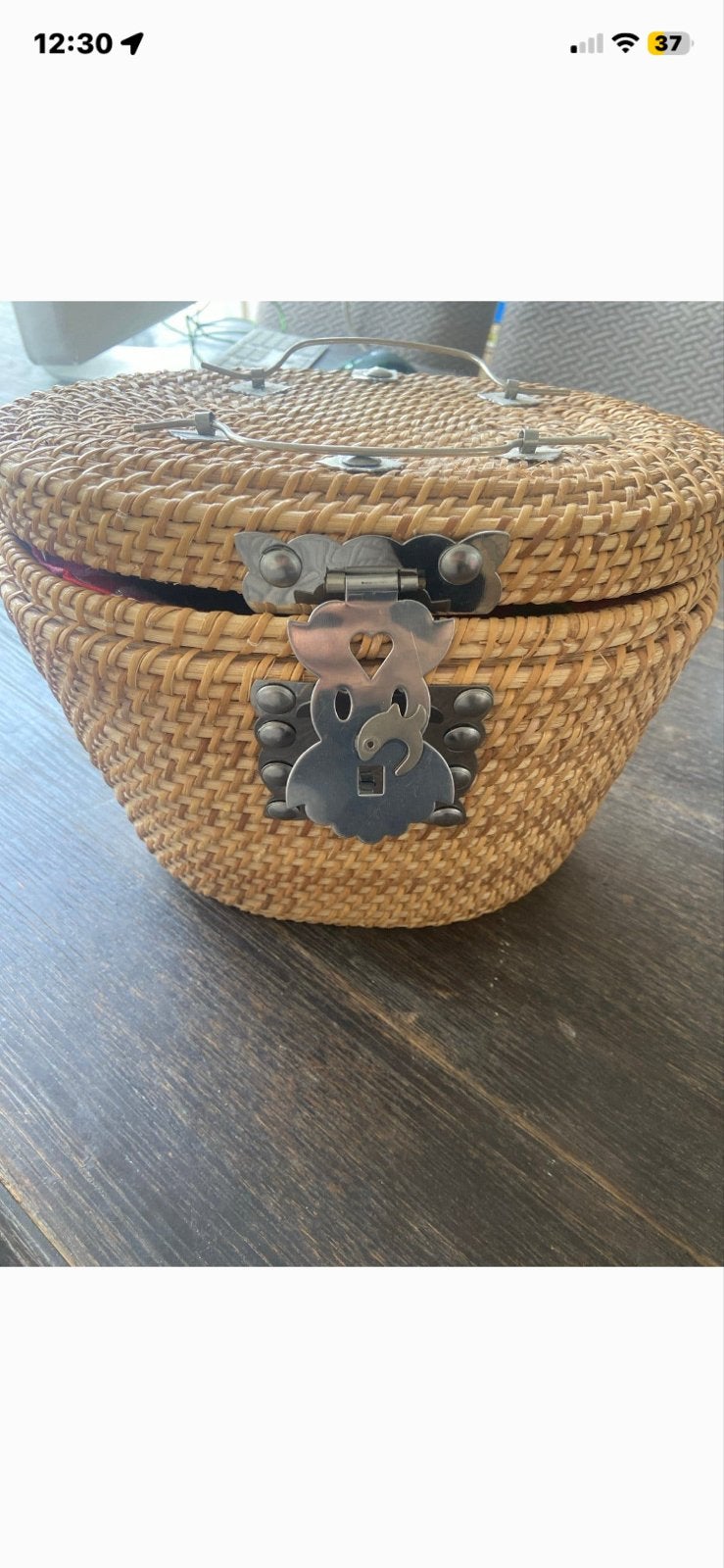Vintage Chinese mand met handvat, Gebruikt, Met deksel, Mand, Rond
