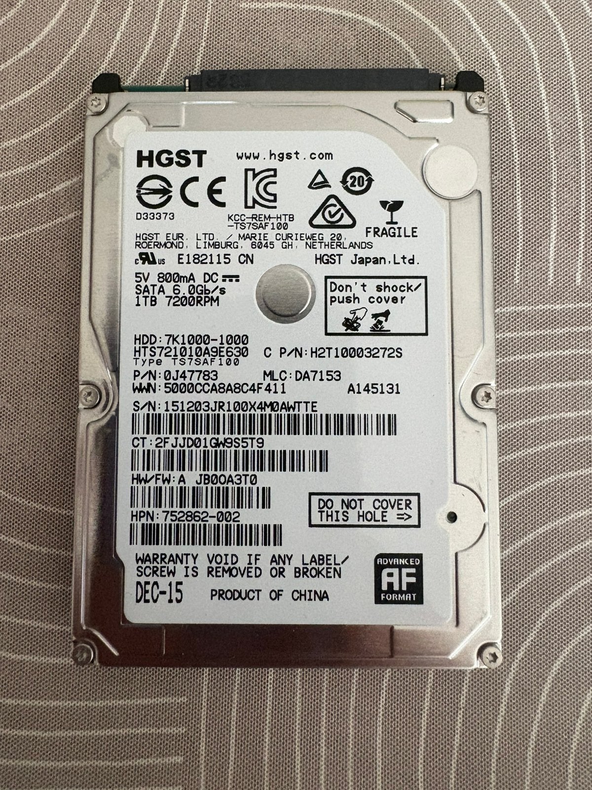 Hgst 1tb hdd 2,5”, Computers en Software, Harde schijven, Ophalen of Verzenden, Zo goed als nieuw, Desktop