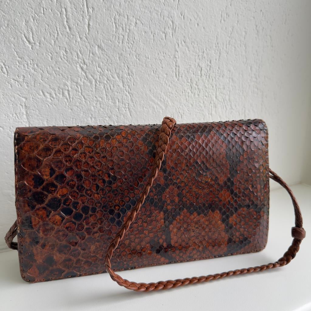 Vintage Slangenleren Clutch / Avondtasje - Bruin, Ophalen of Verzenden, Gebruikt, Bruin, Avondtasje
